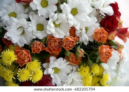 Beautiful bouquet or colorful roses and chrysanthemums, full frame image with copyspace