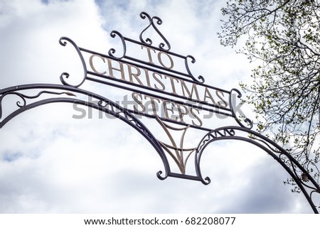 View of Christmas Steps entrance sign, historical street in the city centre of Bristol, Uk.