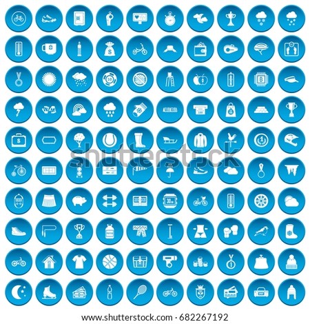 100 woman sport icons set in blue circle isolated on white vector illustration