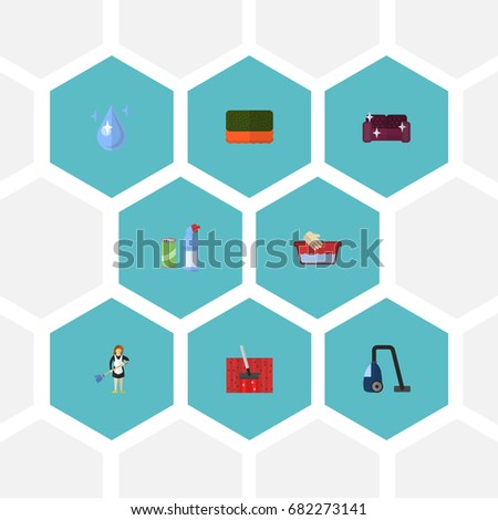 Flat Icons Wisp, Clothes Washing, Sofa And Other Vector Elements. Set Of Cleaning Flat Icons Symbols Also Includes Hand, Wash, Carpet Objects.