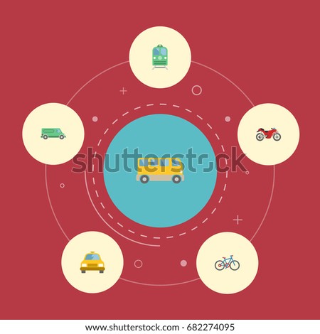 Flat Icons Motorbike, Bicycle, Carriage And Other Vector Elements. Set Of Auto Flat Icons Symbols Also Includes Motorcycle, Bicycle, Omnibus Objects.