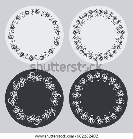 Set of silhouette round frames with floral elements. Design element for logo, banners, labels, prints, posters, web, presentation, invitations, weddings, greeting cards, albums. Vector clip art.