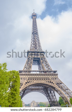 Eiffel Tower at sunrise in Paris, France. Romantic travel background