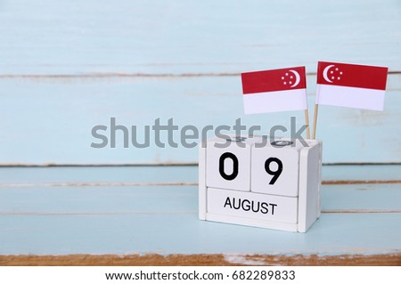 AUGUST 09 Wooden calendar Concept independence day of Singapore and Singapore national day.Copy space,minimal style