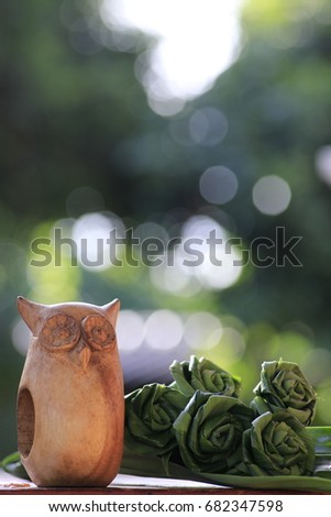  wooden owl doll and flowers made by green leaves and white bokeh on green background