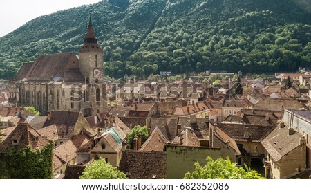 Top view of the famous Black Church of Brasov, Romania, which towers over the rooftops of the old town