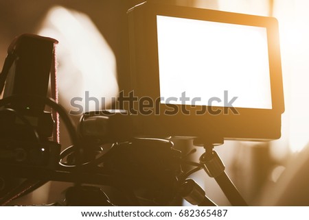 detail of Video camera viewfinder, film crew productio,behind the scenes background