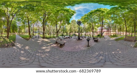 Full spherical 360 degrees seamless panorama in equirectangular equidistant projection, panorama 360 angle view in park green zone, skybox for VR AR content Royalty-Free Stock Photo #682369789