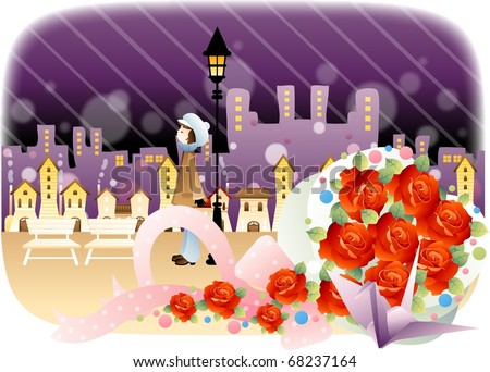 Sweet Love with the Sweet Lovers - waiting a cute boy with beautiful red roses on a background of purple sky and buildings : vector illustration
