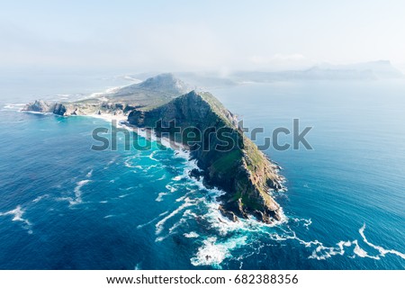 Cape Point and Cape of good hope (South Africa) aerial view shot from a helicopter Royalty-Free Stock Photo #682388356