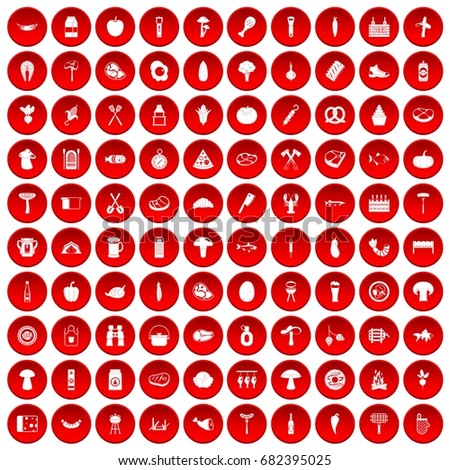 100 barbecue icons set in red circle isolated on white vector illustration