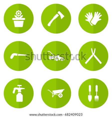 Set Of 9 Farm Icons Set.Collection Of Scissors, Tools, Wheelbarrow And Other Elements.