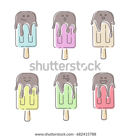 Vector ice cream set illustration with emotions. Beautiful sweet ice cream. Set of funny emoji ice creams. Flat line art design. Vector clip art. Pastel color on white background