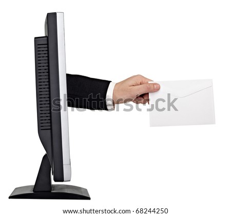 close up of a hand holding blank note reaching out of a computer screen on white background.