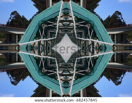 mandala for meditation, stopping internal dialogue,   
symmetrical surreal photograph of a Iron bridge over the river Sor, From the Eiffel School in Galicia, Spain, 