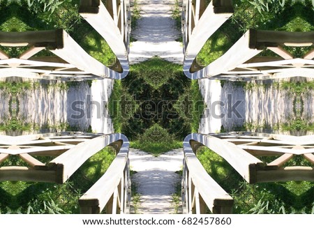 mandala for meditation, stopping internal dialogue,   
symmetrical surreal photograph Of a wooden railing,,  in Galicia, Spain, abstract naturalism, 