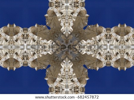 symmetrical surreal photograph of a Mountains of white quartz, in the river Sor,  in Galicia, Spain, abstract naturalism, surrealism, surreal, magical picture, just for crazy 