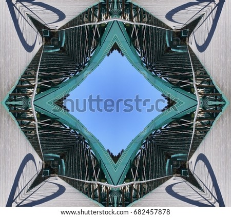 mandala for meditation, stopping internal dialogue,   abstract composition of geometric figures forming a kaleidoscopic arrangement,
symmetrical surreal photograph of a Iron bridge over the river Sor,