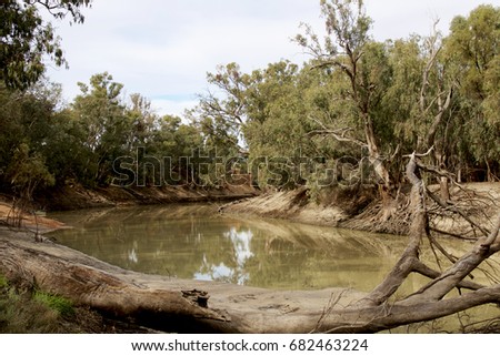 Darling River in outback NSW, Australia during drought conditions. Royalty-Free Stock Photo #682463224