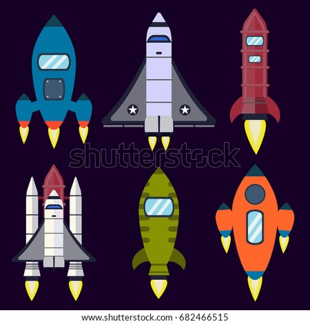 Rocket set vector and space technology ship rocket launch cartoon design vector illustration. Cartoon spacecraft rocket future shuttle fly futuristic galaxy vehicle. Fantasy speed cosmos start up.