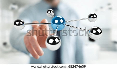 Businessman on blurred background using flying 3D spheres network 3D rendering