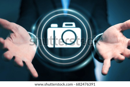 Businessman on blurred background using modern camera application 3D rendering