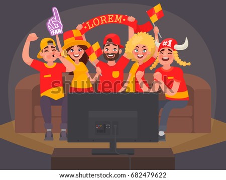 Fans watching the live broadcast of the match on TV and cheer for their team. Vector illustration in cartoon style