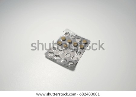 Foil pack of Drugs for science and education, Center on white background studio lighting effects