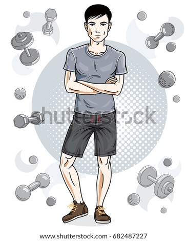 Handsome brunet young man is standing on simple background with dumbbells and barbells. Vector illustration of sportsman.  Active and healthy lifestyle theme cartoon.