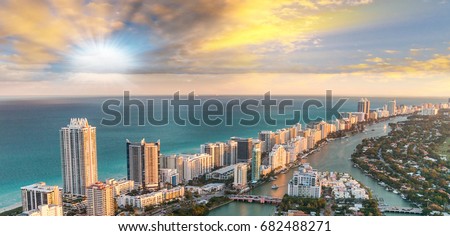 Aerial view of Miami Beach at sunset.