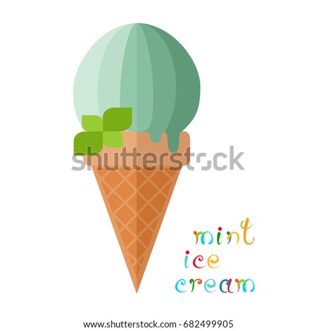 Mint ice cream. Flat style food icons and title. Colorful clip art. Isolated design element. Vector illustration.