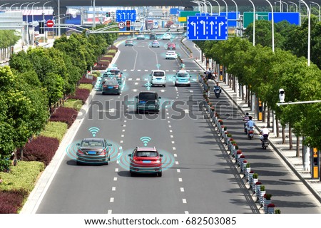 Smart car (HUD) , Autonomous self-driving mode vehicle on metro city road iot concept with graphic sensor radar signal system and internet sensor connect. Royalty-Free Stock Photo #682503085