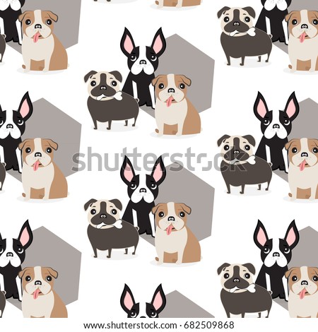Vector pet pattern. Dog cute illustration. Textile fabric with image of a French bulldogs. Animal, bone fancy funny kids print