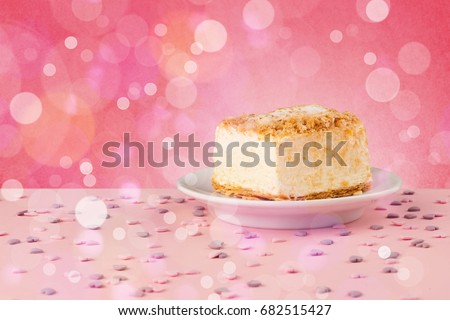 Close up of delicious tasty homemade cakes with bokeh light background