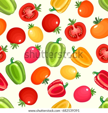 Seamless pattern with variety of tomatoes and bell peppers. Ripe colorful vegetables for repeatable food background. Vector illustration.
