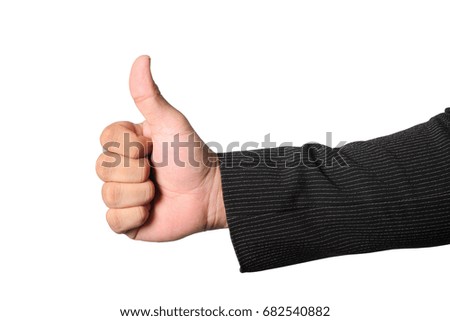 Close up of businessman's hand showing thumb up sign isolated on white background, clipping path.