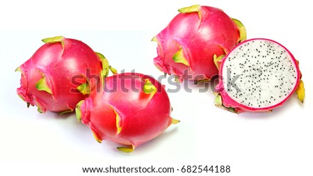 Dragon fruits or pitaya or pitahaya is the fruit of several cactus species. Selective focus and isolated on white background.