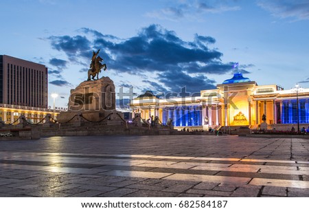 Beautiful  twilight picture of Chinggis Khan square with Sukhbaatar monument in Summer