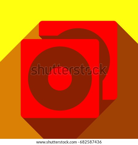 Compact disks icon. Vector. Red icon with two flat reddish shadows on yellow background.