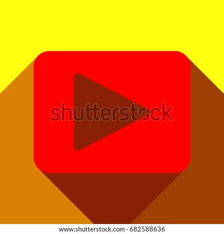 Play sign illustration. Vector. Red icon with two flat reddish shadows on yellow background.