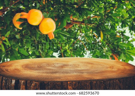 vintage wooden board table in front of dreamy pomegranate tree landscape.