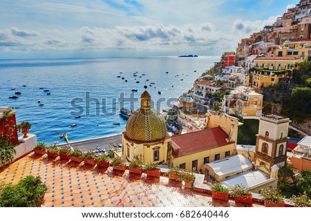 Scenic view of Positano, beautiful Mediterranean village on Amalfi Coast (Costiera Amalfitana) in Campania, Italy Royalty-Free Stock Photo #682640446
