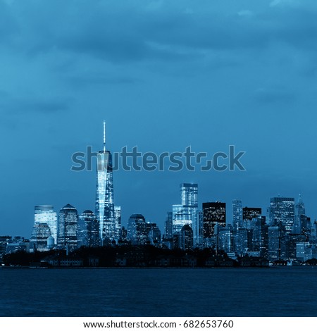 New York City downtown skyline panorama in BW at dusk