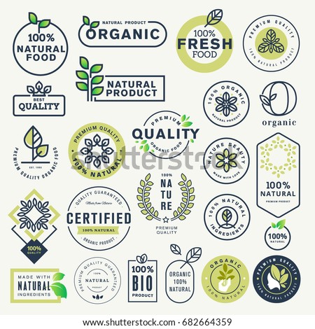Set of labels and stickers for organic food and drink, and natural products. Vector illustration concepts for web design, packaging design, promotional material.
