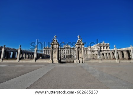 The Royal Palace of Madrid (Palacio Real de Madrid), the official residence of the Spanish Royal Family at the city of Madrid, viewed from Plaza de la Armeria, Madrid, Spain