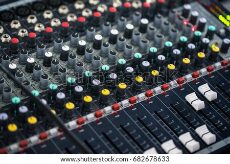 audio synthesiser electronic music instrument sound mixer machine in blur meeting room: Metallic material mic for vocal entertainment in seminar auditorium hall