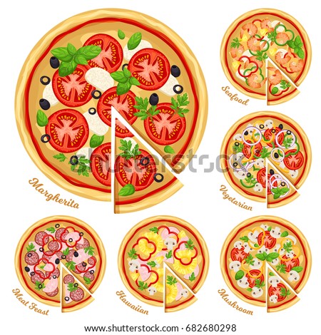 Pizza top view set with different ingredients. Italian whole pizza with slices: Margarita, seafood, vegetarian, mushroom, hawaiian and meat feast. Vector illustration isolated on white background