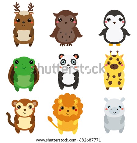 Cute animals. Children style, isolated design elements. Cartoon kawaii wildlife and african animals. Deer, panda, lion, turtle and other. Vector illustration