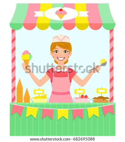 happy young woman selling ice cream in a stall