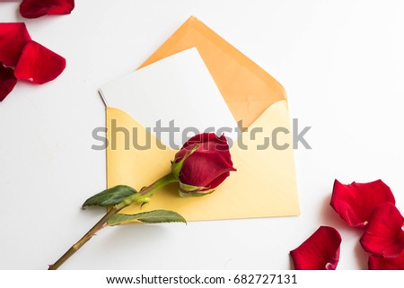 On a white background lies a postcard in an envelope, a red rose bud and petals.